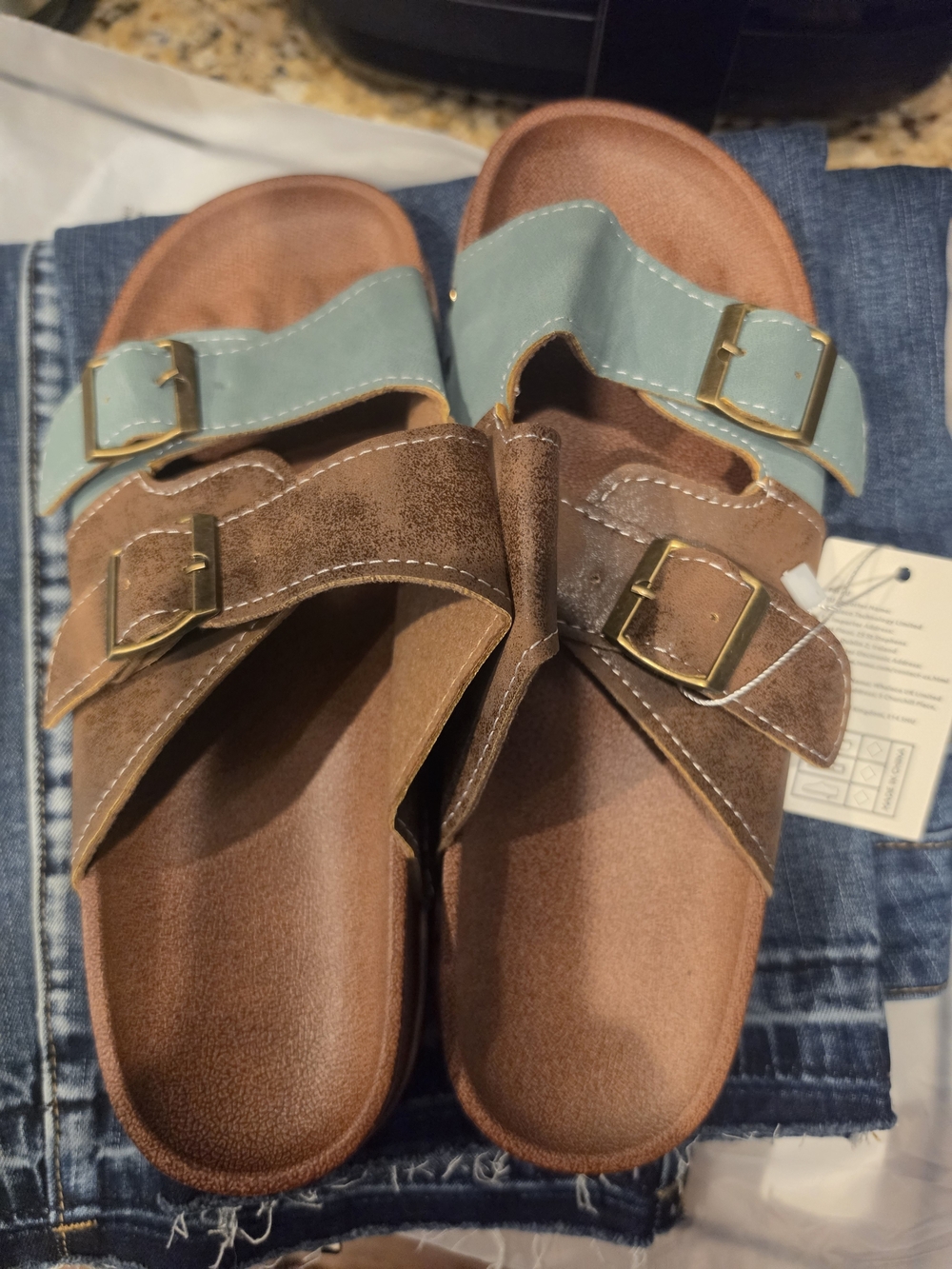 Casual Two-Tone Brown and Mint Women's Slide Sandals